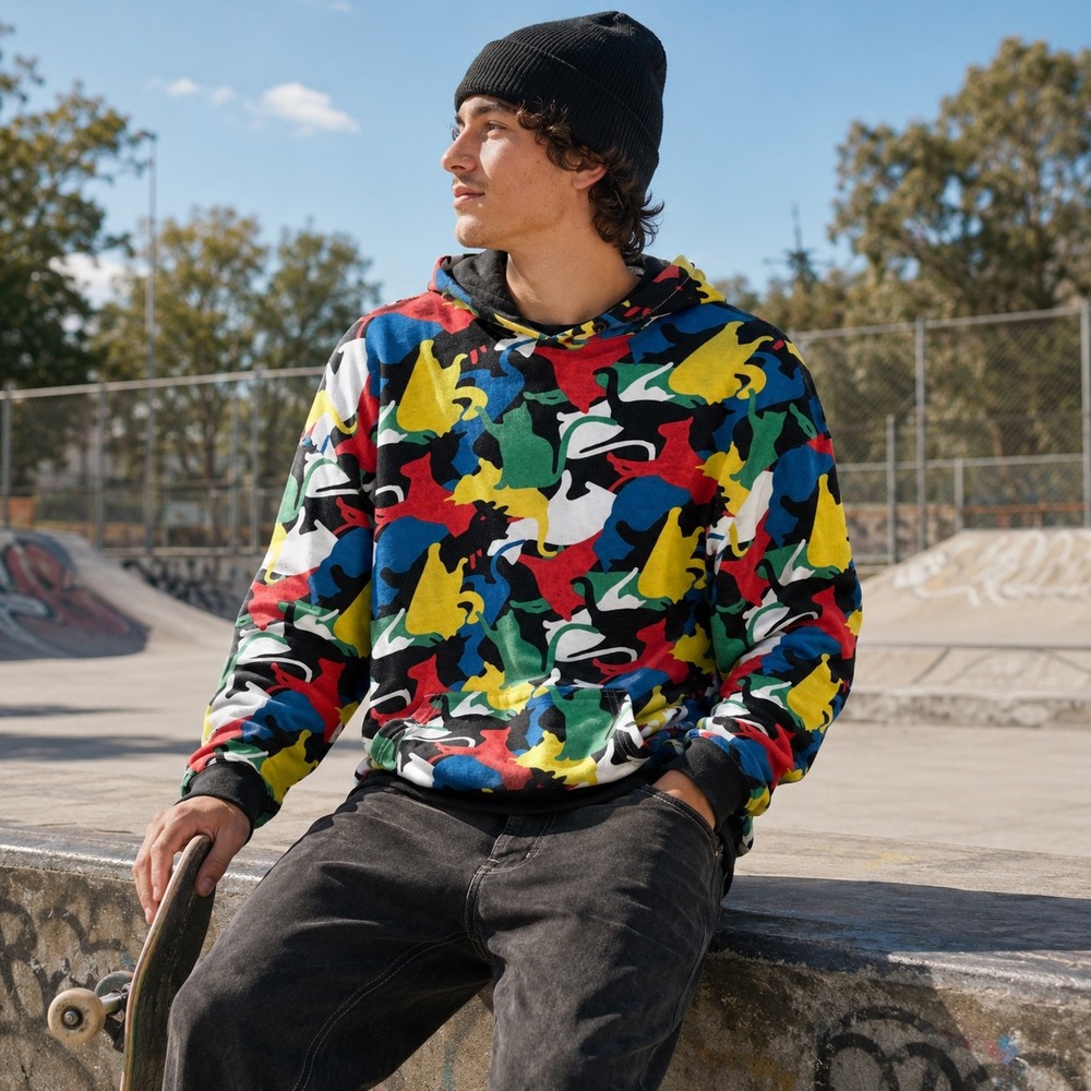 Hot Topic Mens Cat Camo Multi Color Pullover Hoodie Sweatshirt Small 12023926